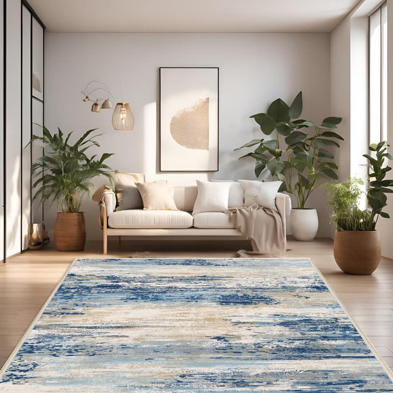 فرش ماشینی 1000 شانه زمینه کرم حاشیه سرمه ای مدل نانو چاپ بدون پرز طرح مینیمال دلتا کد OR.1122.05 — تصویر ۴