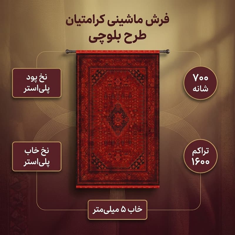فرش ماشینی کرامتیان طرح بلوچی 4123A زمینه لاکی — تصویر ۳