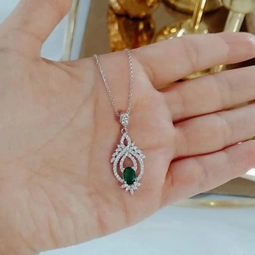 گردنبند نقره زنانه نگین رنگی پرکار عیار 925با آبکاری طلا سفید بدون ریزش نگین ضد حساسیت