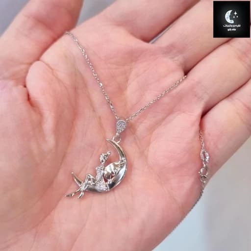 گردنبند نقره زنانه ماه و فرشته عیار 925و آبکاری طلا سفید ضد حساسیت با زنجیر فلامینگو 45سانتی