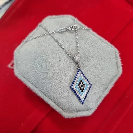 گردنبند نقره چشم نظر لوزی با زنجیر 45 سانتی با عیار 925 آبکاری طلا سفید — تصویر ۲