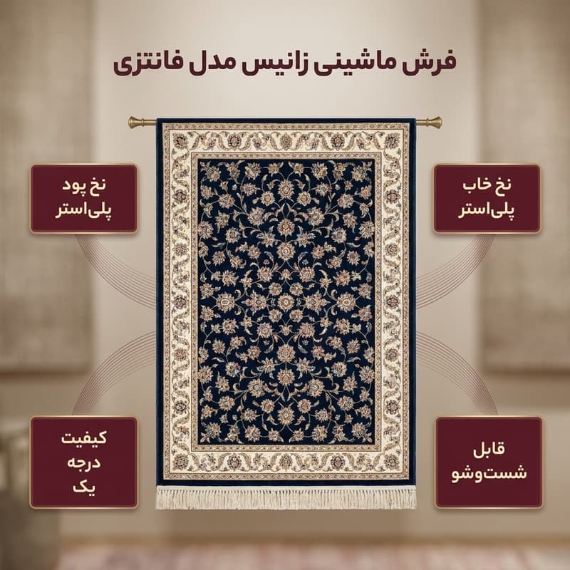 فرش ماشینی زانیس مدل سنتی طرح فانتزی زمینه سرمه ای — تصویر ۲