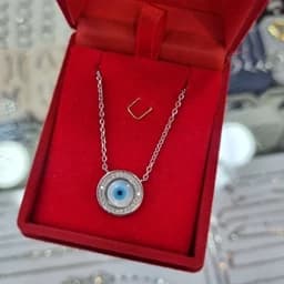 گردنبند نقره چشم نظر صدفی کپی طلا نقره 925 ایتالیایی و آبکاری طلاسفید — تصویر ۳