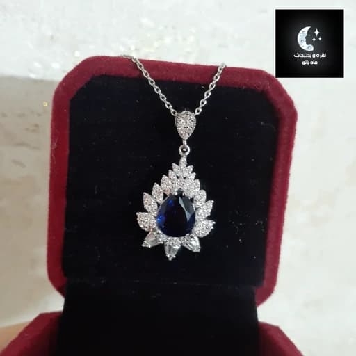 گردنبند نقره زنانه پرکار نگین کبود باعیار 925 و آبکاری طلا سفید — تصویر ۲