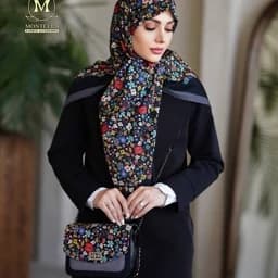 کیف و روسری طرح گل ریز مشکی کیف و شال طرح گلدار روسری نخی منگوله دار mo732 — تصویر ۳