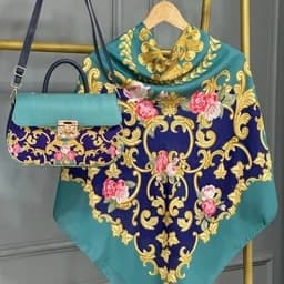 ست کیف و روسری (شال) طرح رز فرفوژه سبز روسری نخی قواره بزرگ قواره 130 — تصویر ۳