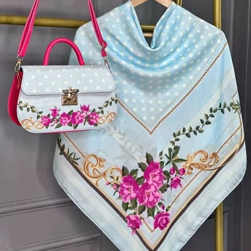 ست کیف و روسری (شال) طرح رز توپی آبی سری جدید روسری نخی قواره بزرگ قواره 130 — تصویر ۲