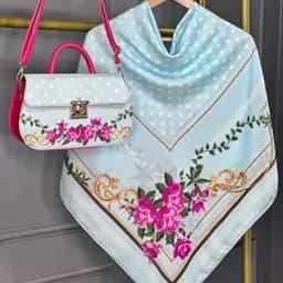 ست کیف و روسری (شال) طرح رز توپی آبی سری جدید روسری نخی قواره بزرگ قواره 130 — تصویر ۳