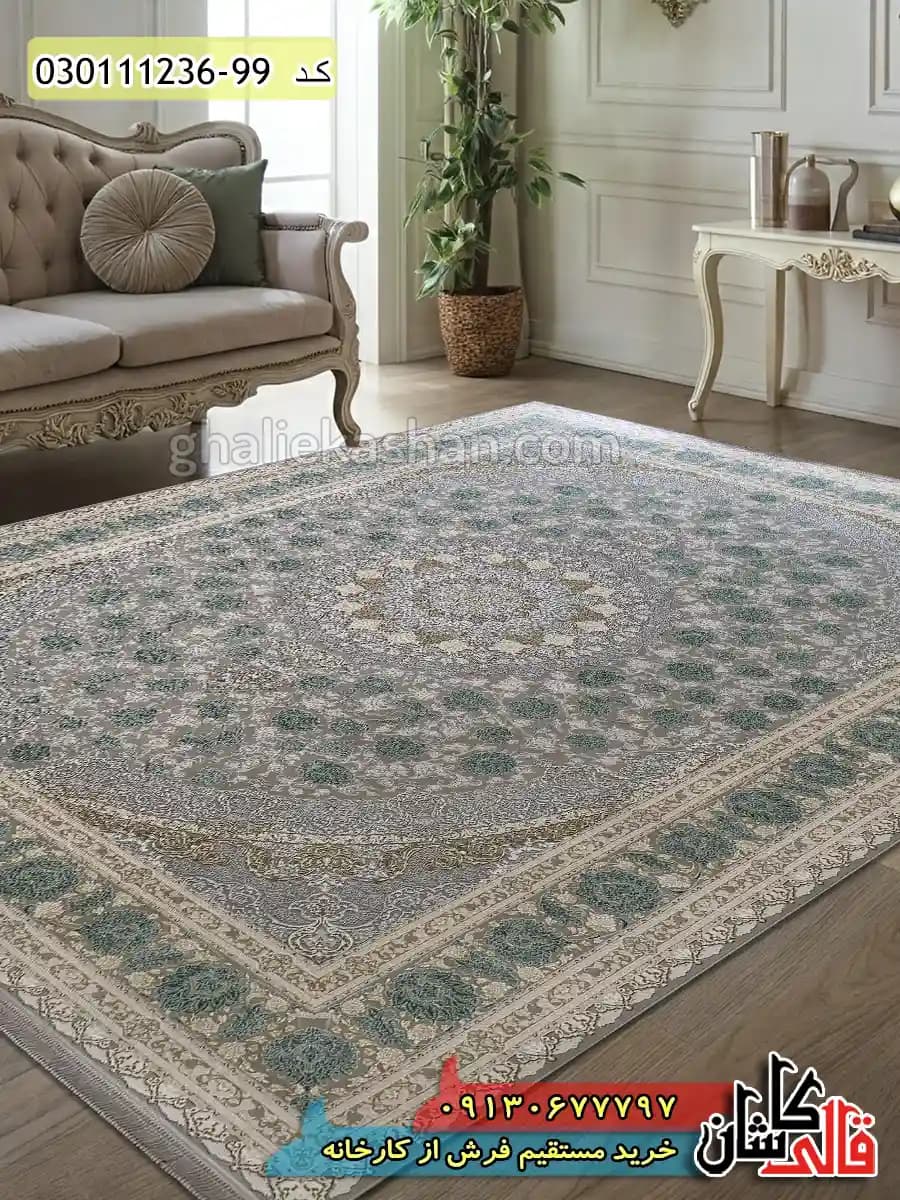 فرش طلاکوب 1200 شانه طرح سلنا زمینه فیلی سبز گل برجسته کاشان
