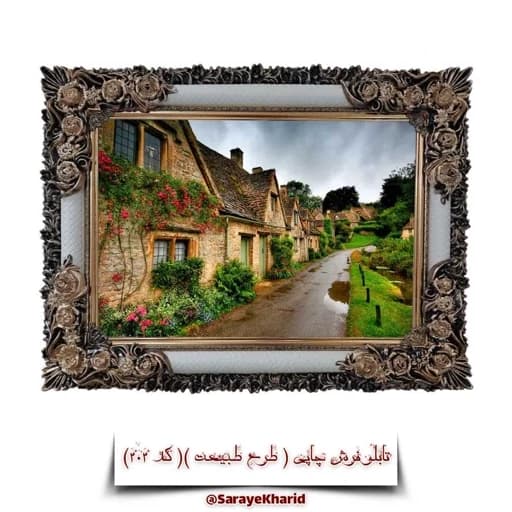 تابلو فرش چاپی طرح طبیعت منظره کلبه ( همراه با قاب )( ابعاد 50*35 ) (پس کرایه)