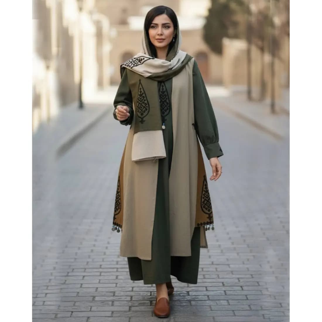 ست پیراهن سارافون و شال زنانه لینن طرح آدخت کد 23386