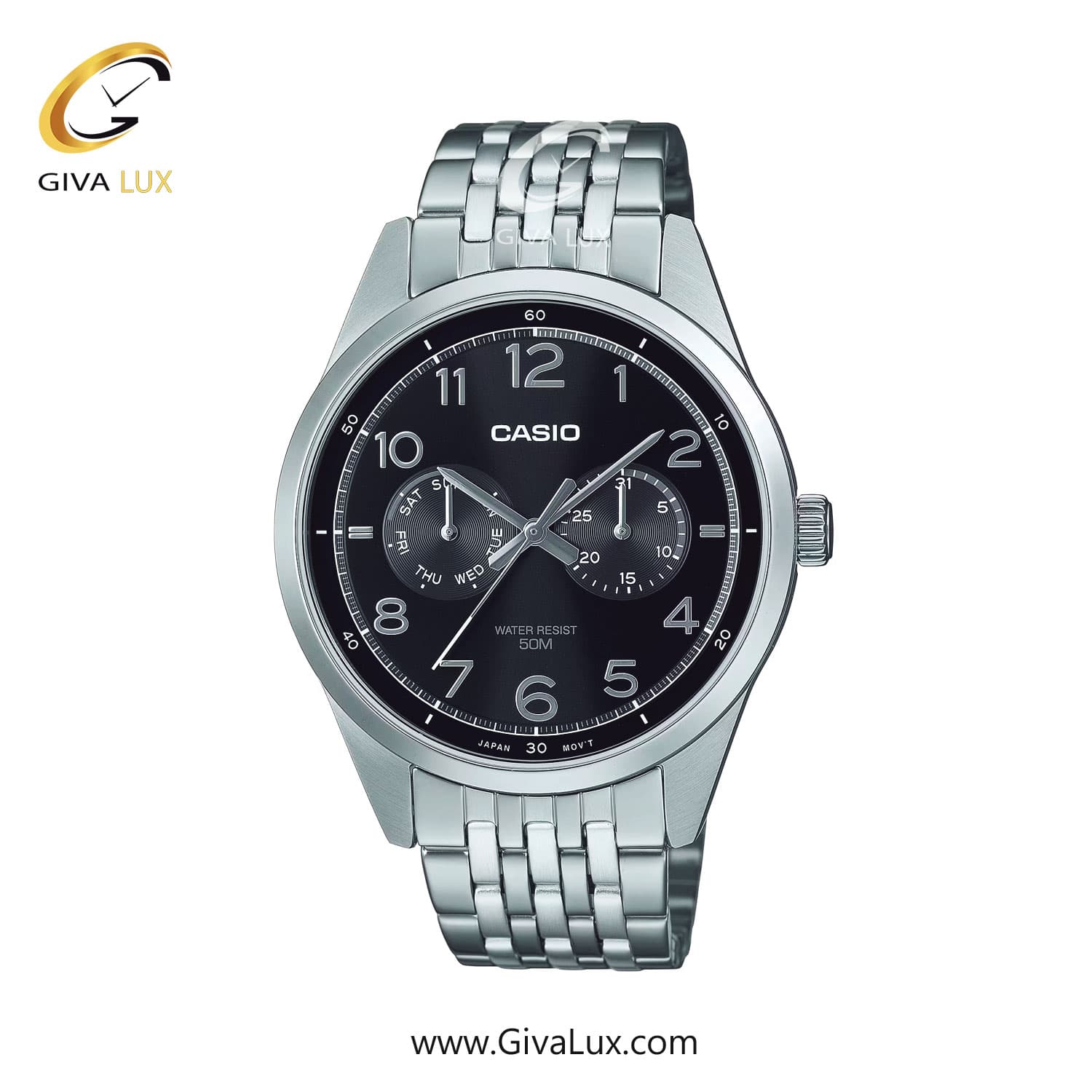 ساعت مچی اورجینال مردانه کاسیو Casio سه موتوره فول تایم نقره ای | نقره ای| مشکی| کد رفرنس MTP-E340D-1AVDF | کد رفرنس MTP-E340D-1AVDF (MTP-E۳۴۰D-۱AVDF) | برند کاسیو CASIO | کد 24994