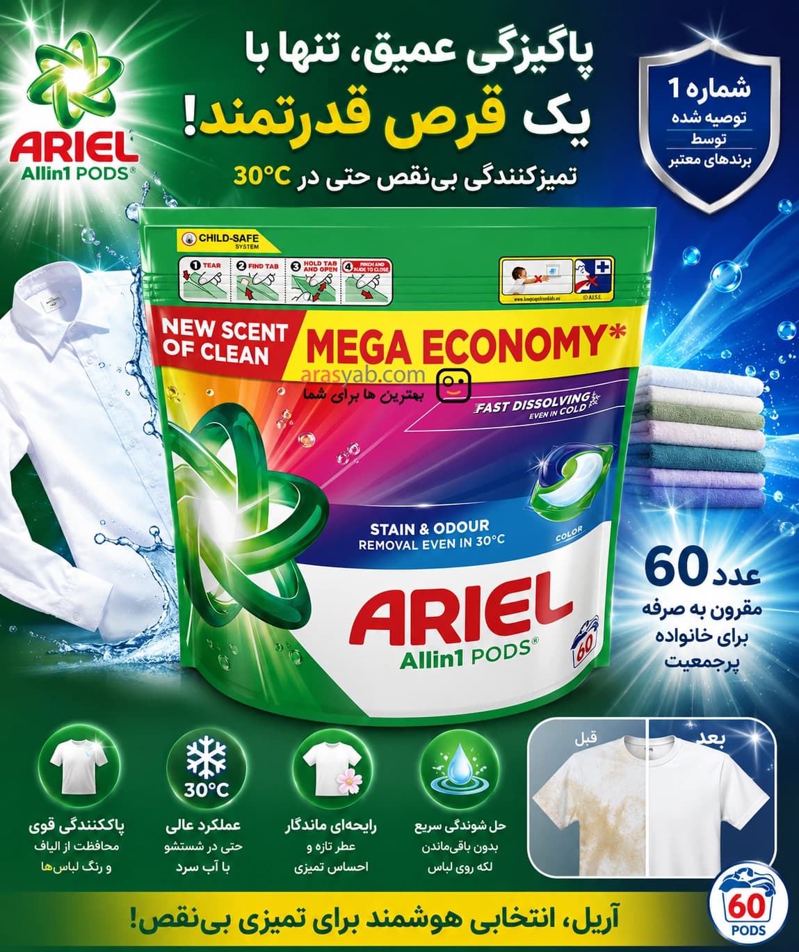 قرص ماشین لباسشویی لباسهای رنگی آریل Ariel همه کاره All in 1 بسته 60 عددی — تصویر ۷