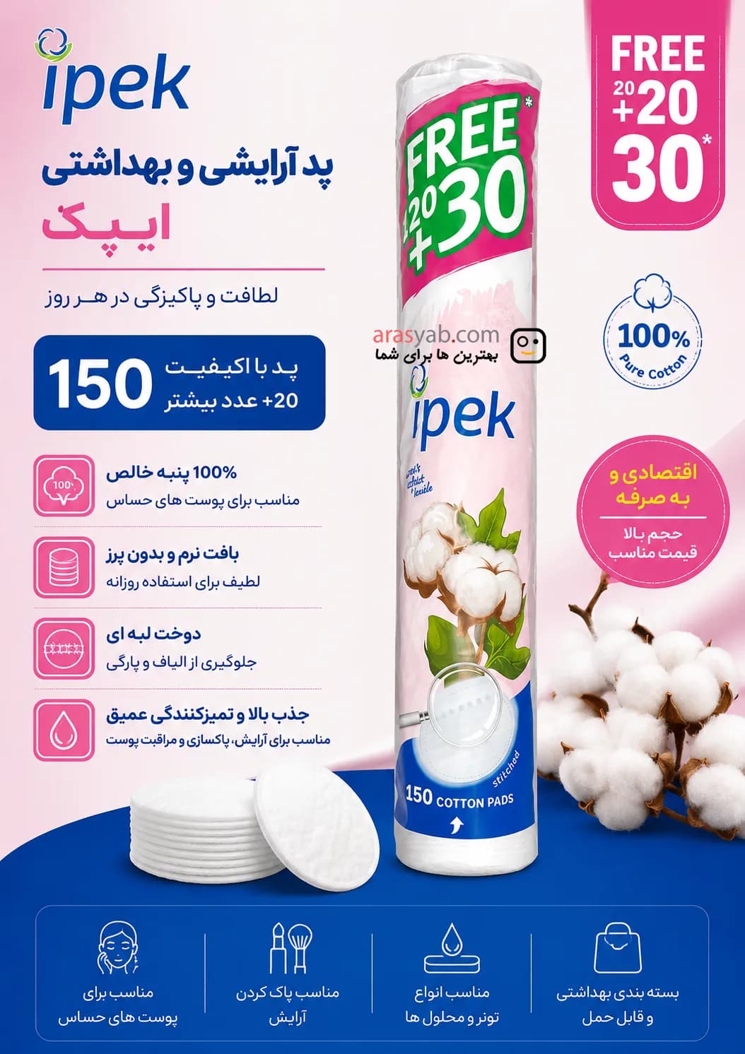 پد ایپک ipek سکه ای اصل ترکیه دور دوخت بسته 150 تایی — تصویر ۳
