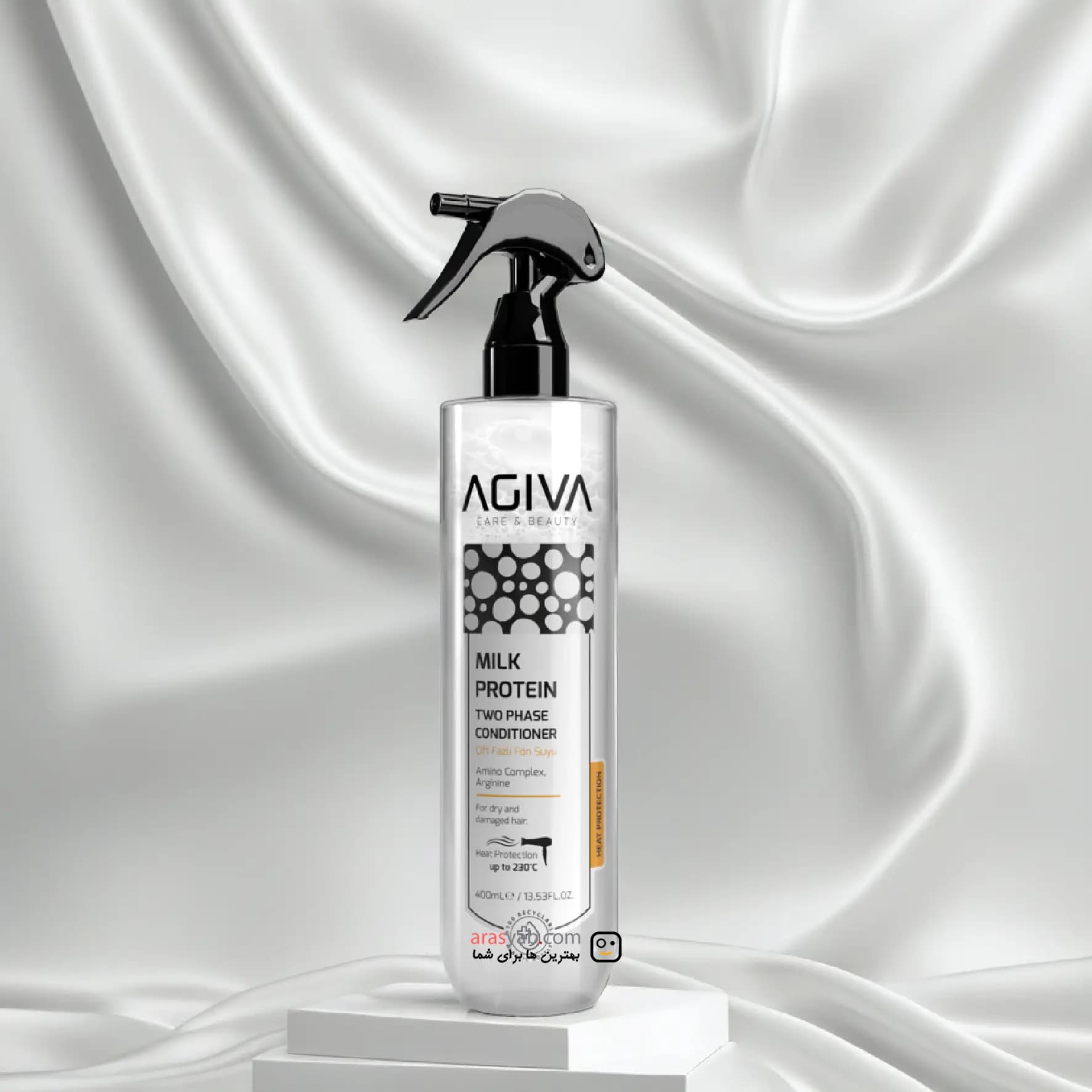 اسپری دوفاز پروتئین شیر آگیوا Agiva دارای محافظ حرارتی برای موهای خشک و آسیب دیده حجم 400 میل — تصویر ۳