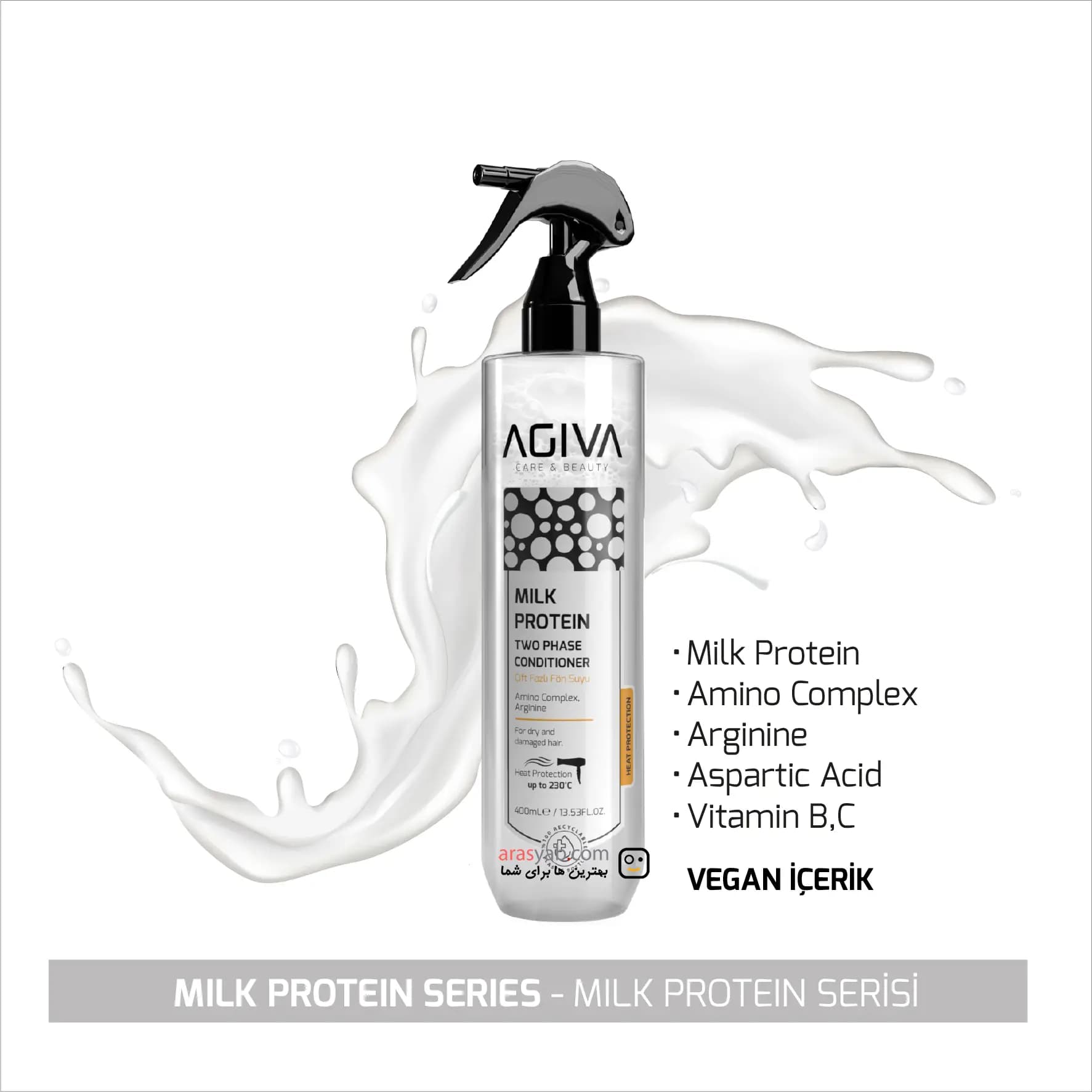 اسپری دوفاز پروتئین شیر آگیوا Agiva دارای محافظ حرارتی برای موهای خشک و آسیب دیده حجم 400 میل — تصویر ۱۱
