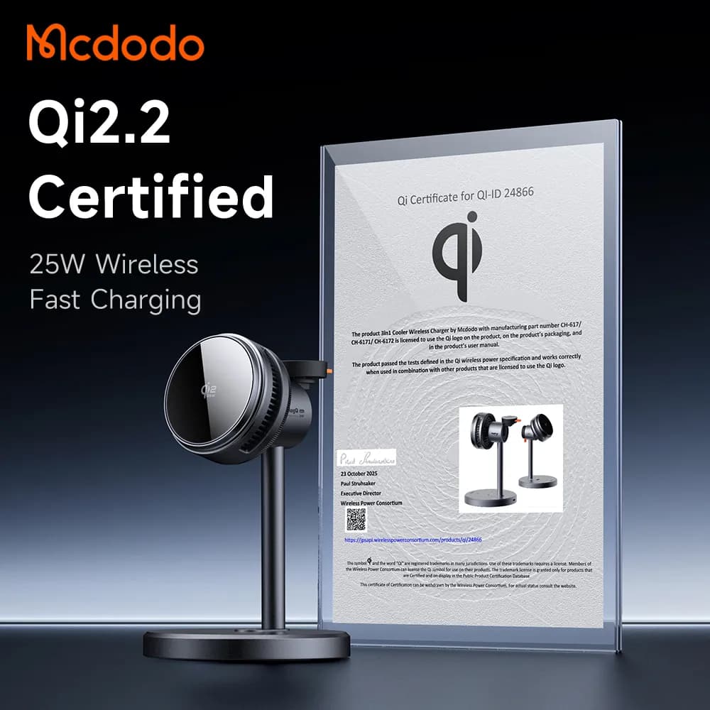 استند 3 کاره شارژر وایرلس و فن خنک کننده 25 وات Qi2.2 برند مک دودو مدل Mcdodo CH-6170 — تصویر ۵