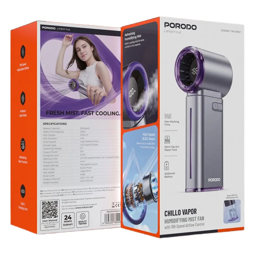 پنکه مهساز پرودو لایفاستایل Chillo Vapor با کنترل 199 سطح سرعت PDLFSTGF04GY — تصویر ۳