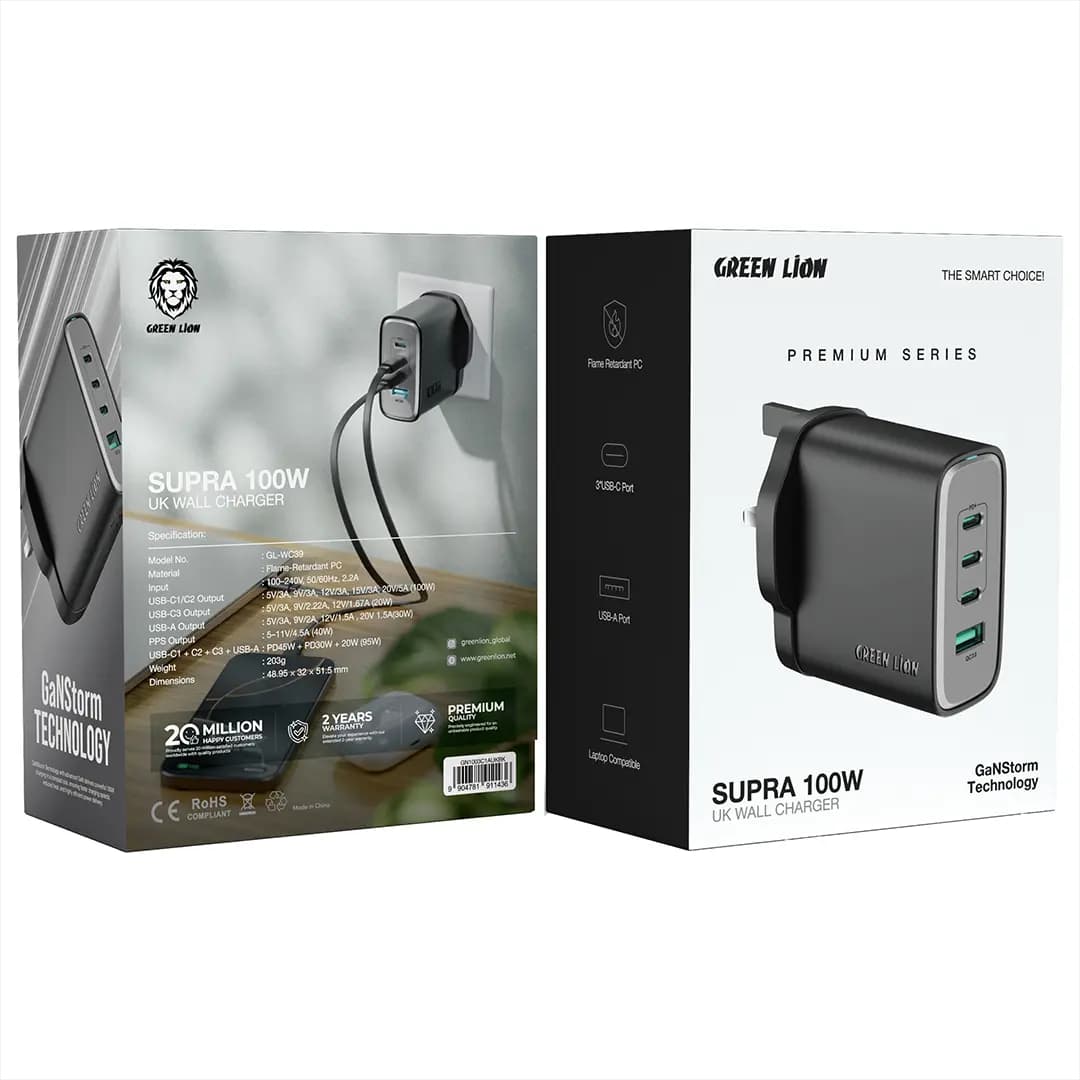 شارژر دیواری 100 وات گرین لاین مدل Supra UK GN1003C1AUKBK — تصویر ۴