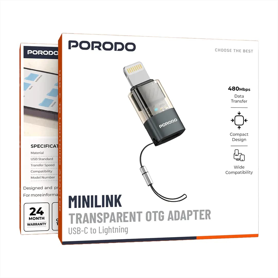 مبدل OTG پرودو MiniLink شفاف USB-C به Lightning خاکستری PDCTOL50GY — تصویر ۵