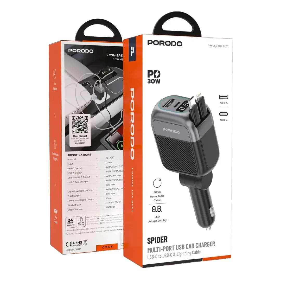 شارژر فندکی چندمنظوره پرودو Spider به همراه کابل USB-C و لایتنینگ مدل PDCCR33BK — تصویر ۱۱