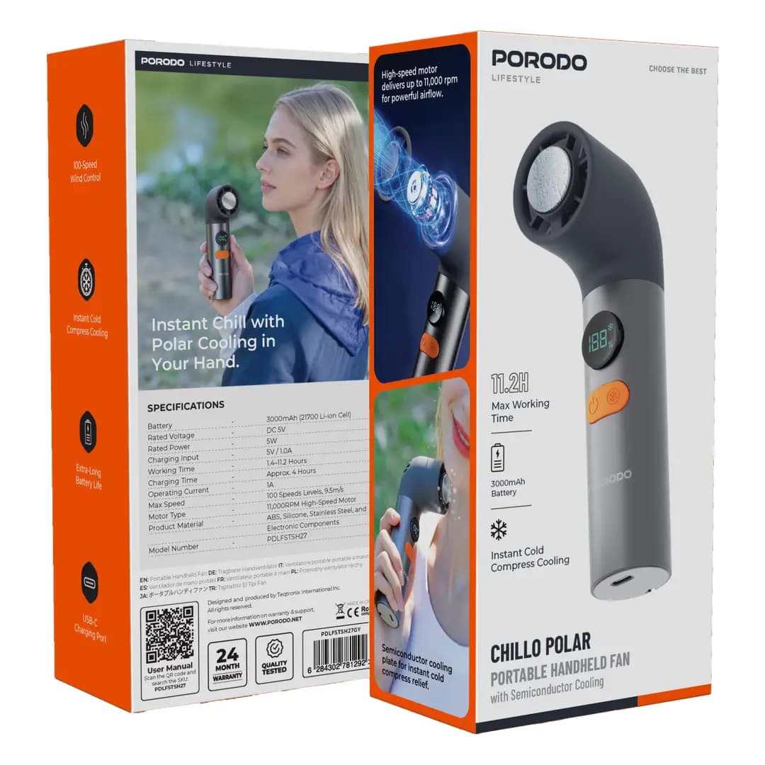 پنکه دستی شارژی پرودو Lifestyle Chillo Polar مدل PDLFSTSH27GY — تصویر ۳