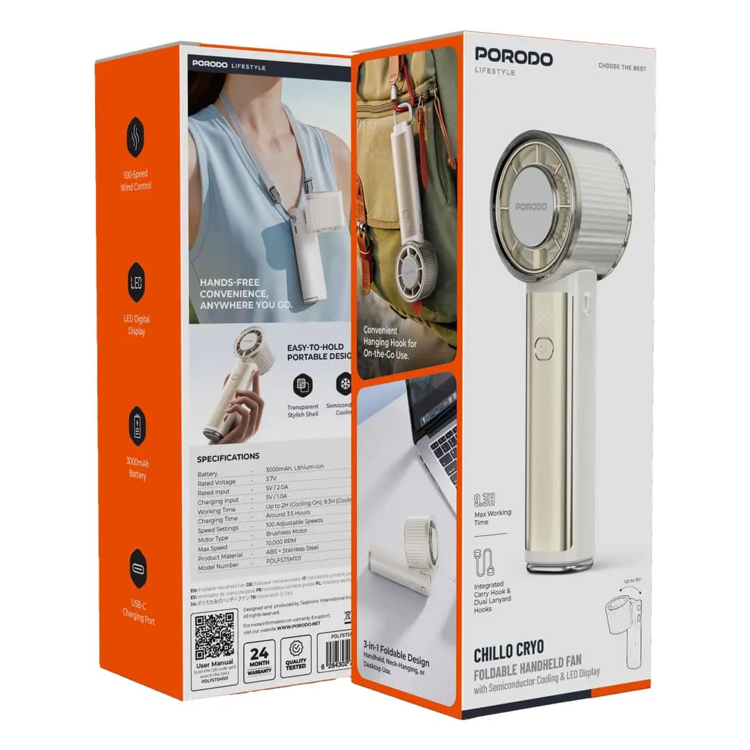 پنکه دستی تاشو شارژی پرودو Lifestyle Chillo Cryo با نمایشگر LED مدل PDLFSTSM101BG — تصویر ۳