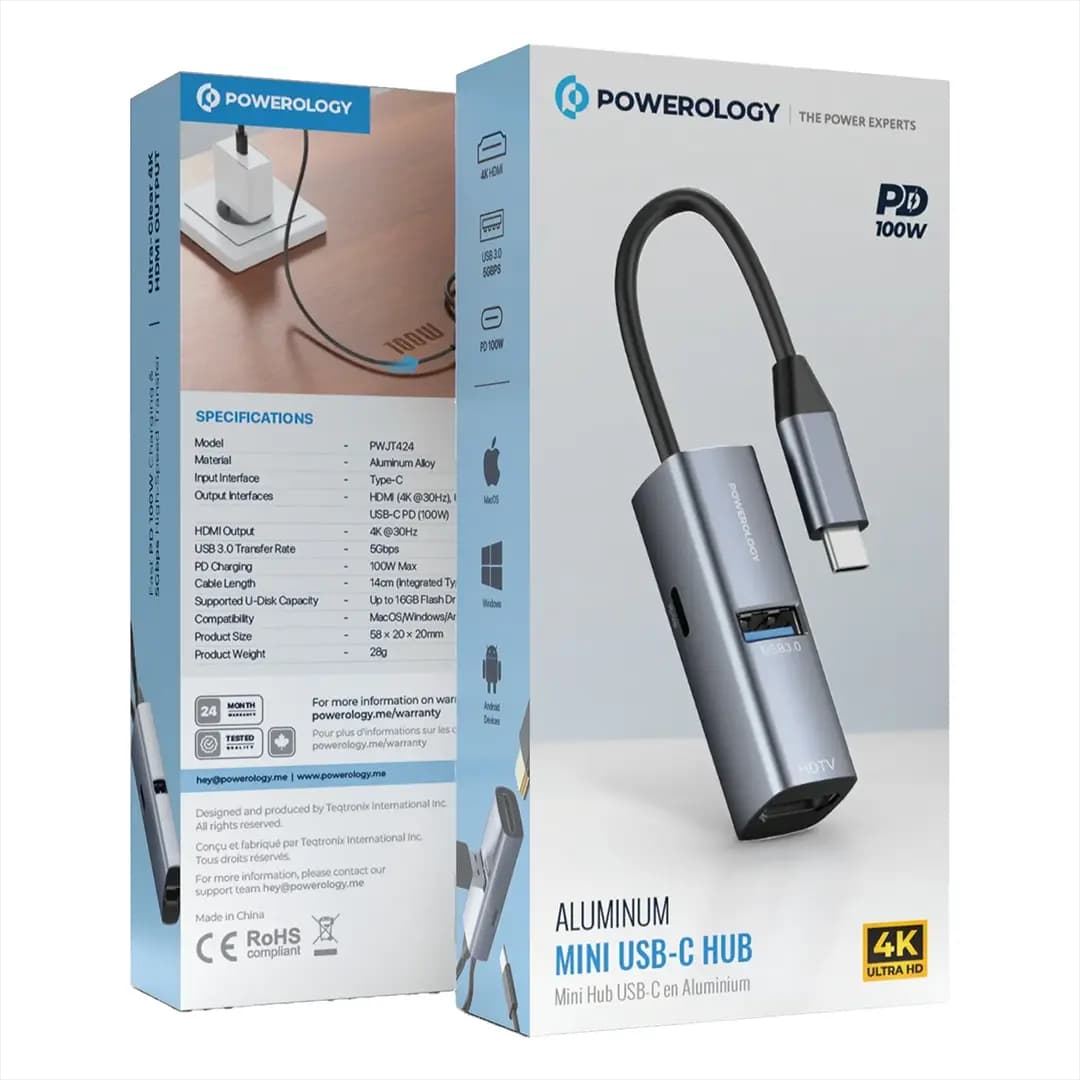 هاب USB-C آلومینیومی مینی پاورولوژی مدل PWJT424BK — تصویر ۶
