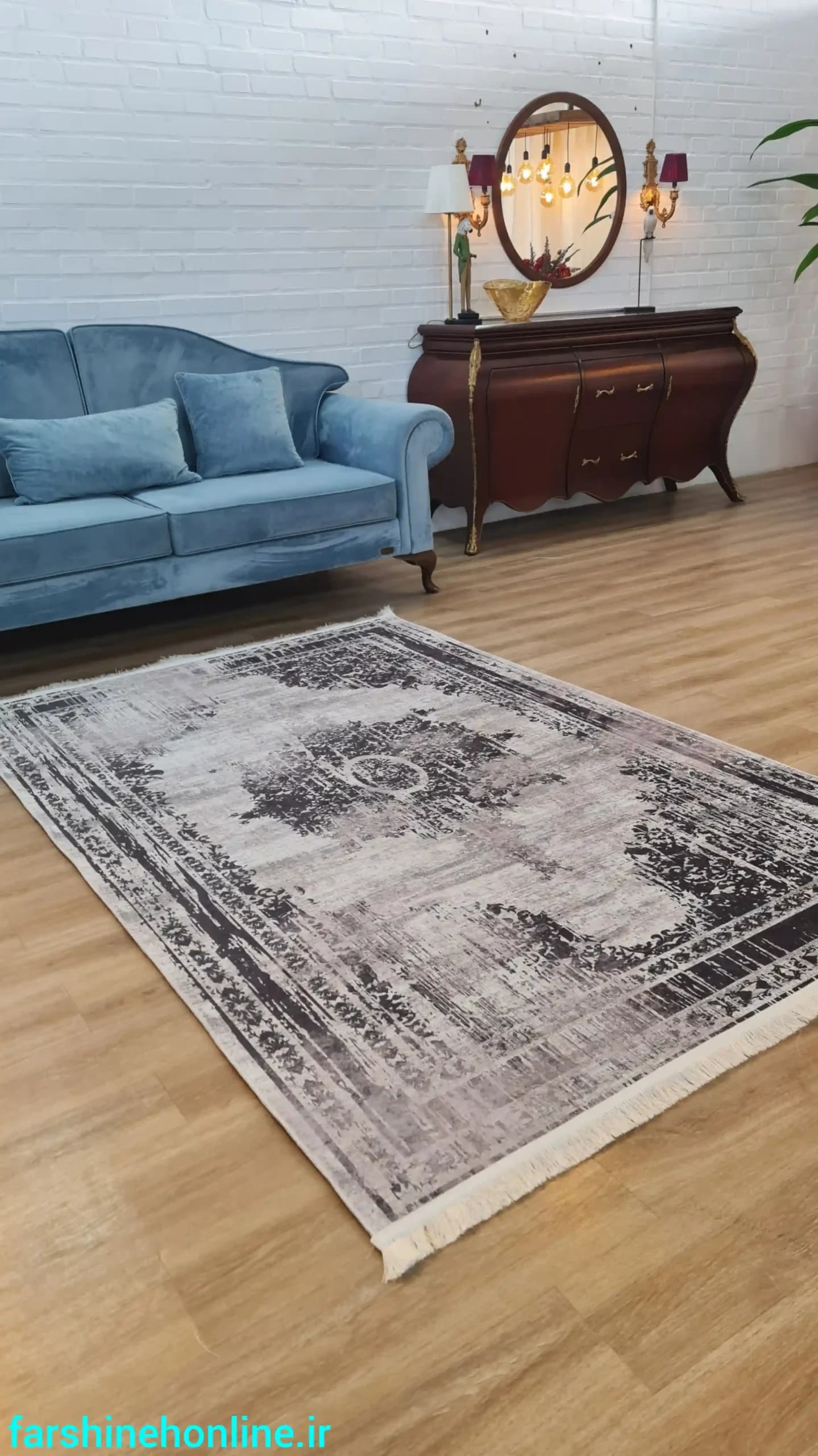 فرشینه مدرن طرح کلاسیک طوسی و کرم — تصویر ۱۱
