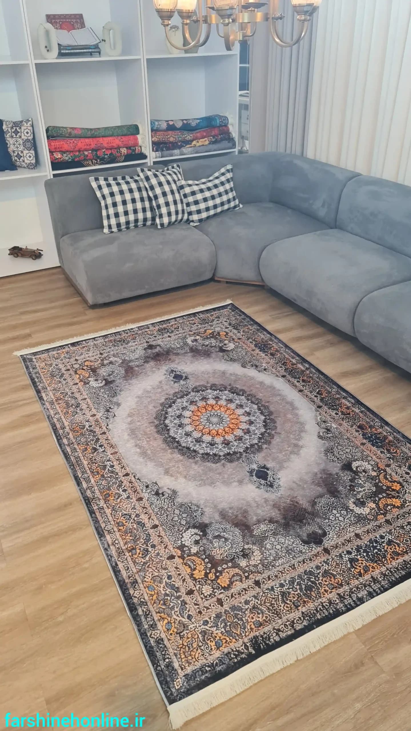 فرشینه وینتیج طرح قالی ایرانی طوسی نارنجی — تصویر ۴