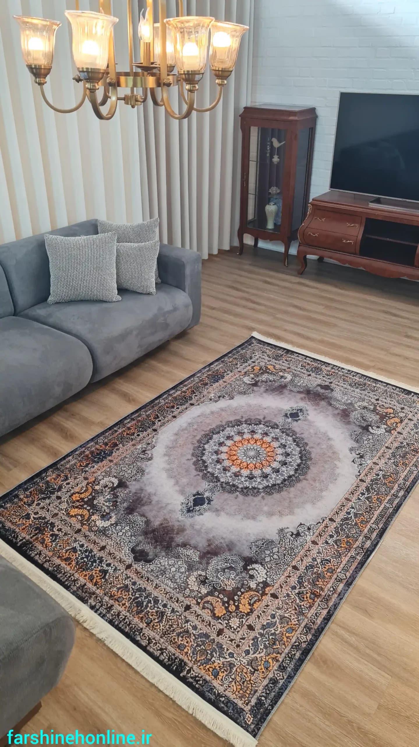 فرشینه وینتیج طرح قالی ایرانی طوسی نارنجی — تصویر ۱۱