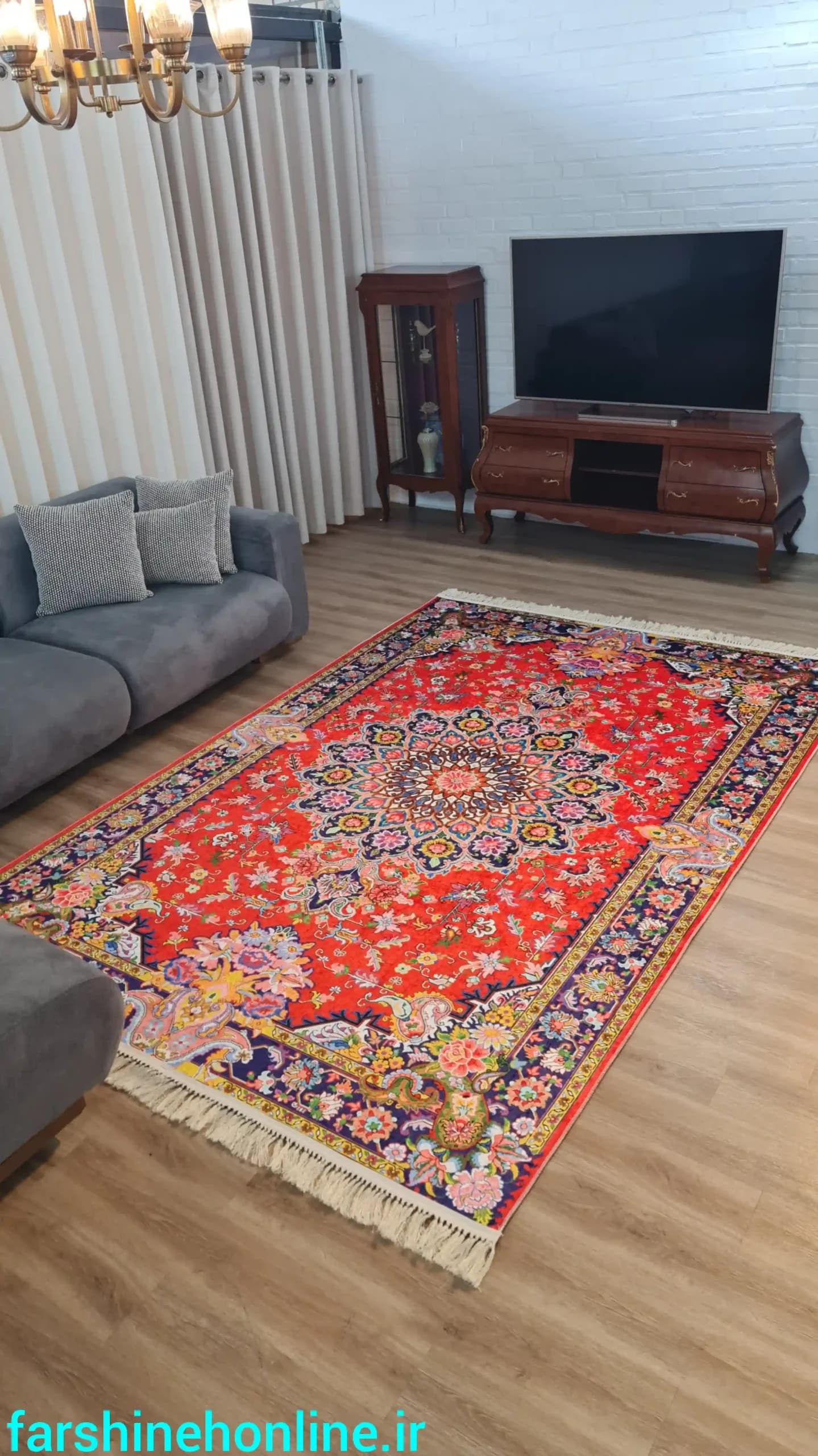 فرشینه سنتی طرح ترنج و گلریز قرمز لاکی | سبک، قابل شستشو و ضد لغزش — تصویر ۱۱