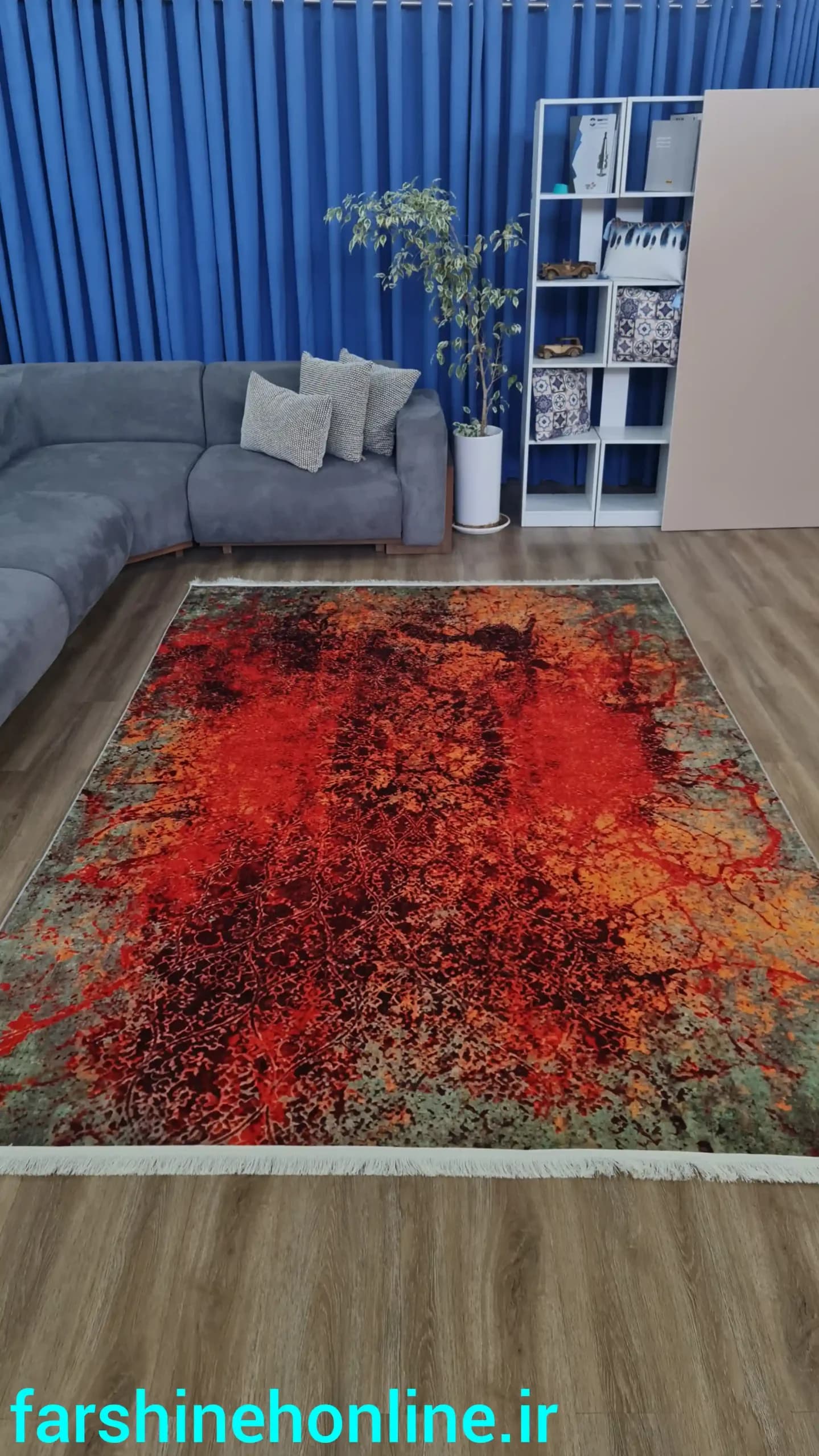 فرشینه مدرن طرح آبستره با رنگهای آتشین قرمز و نارنجی – ضد لغزش — تصویر ۲