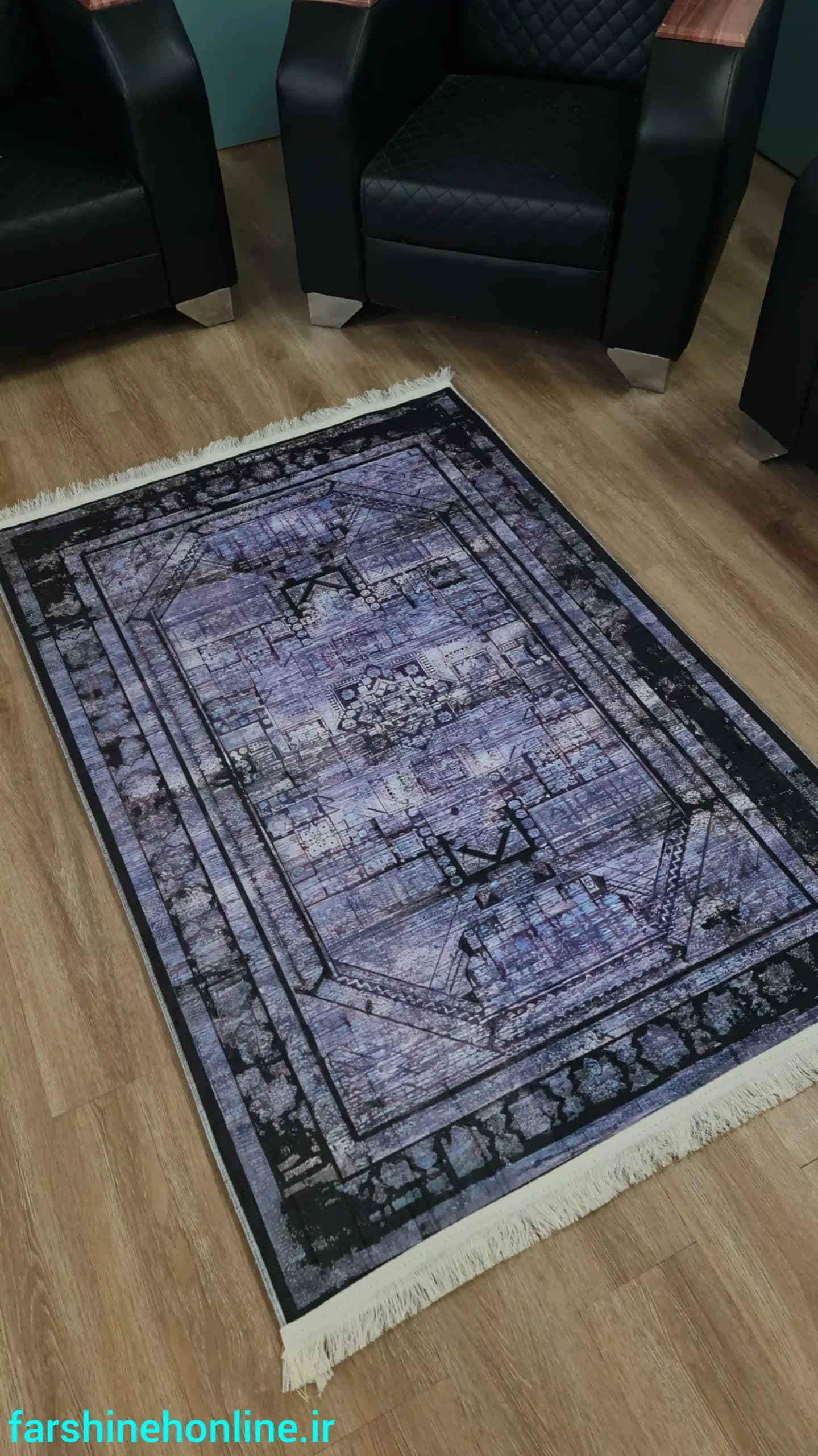 فرشینه چاپی طرح آبستره و هندسی بنفش آبی — تصویر ۳