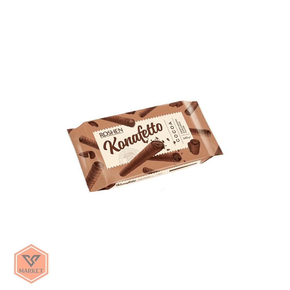 ویفر رولی مغزدار کاکائویی روشن مدل کنافتو (Konafetto) وزن 140گرم – Roshen