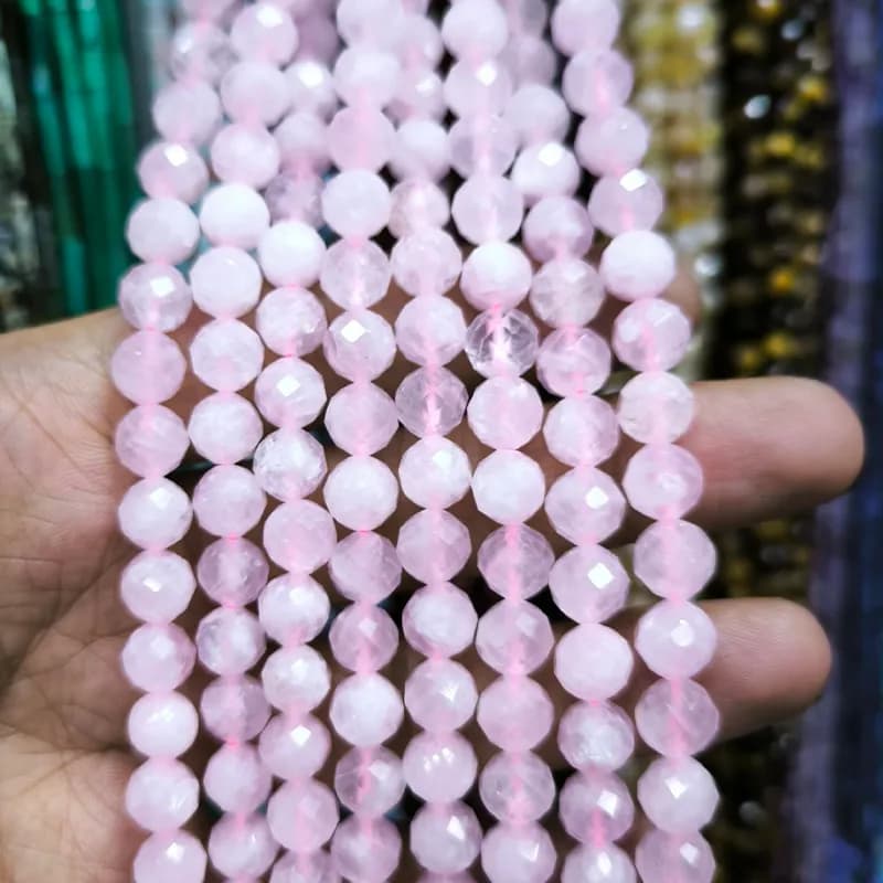 ریسه سنگ رز کوارتز تراش سایز ۸ میلیمتر کد 3149 — تصویر ۲
