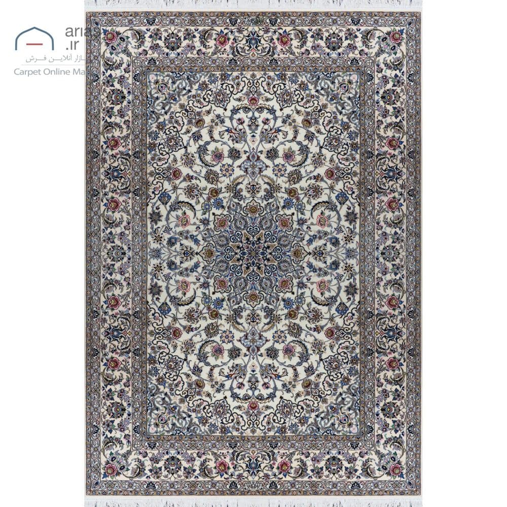 فرش دستباف نایین ۹لا کرم نقشه لچک و ترنج گل ابریشم – ۶ متری کد D28131 — تصویر ۳