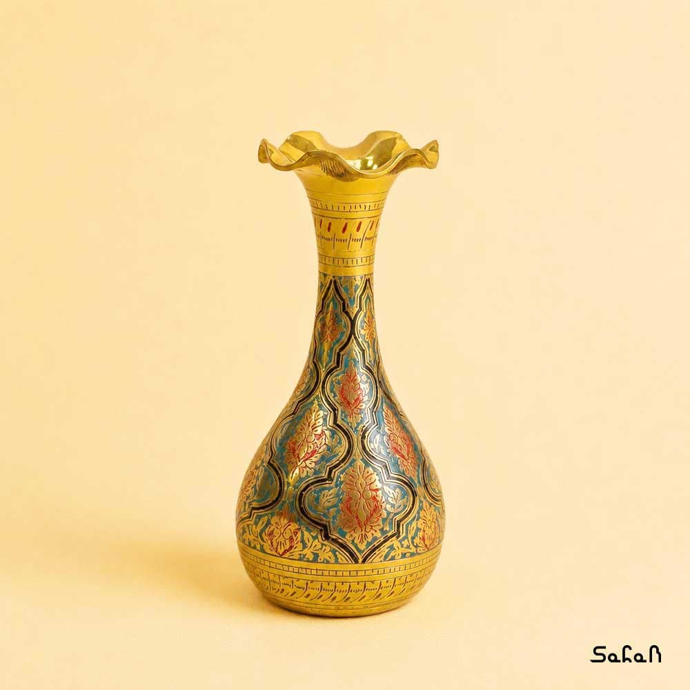 گلدان برنجی میناکاری طرح سوربا آبی — تصویر ۴