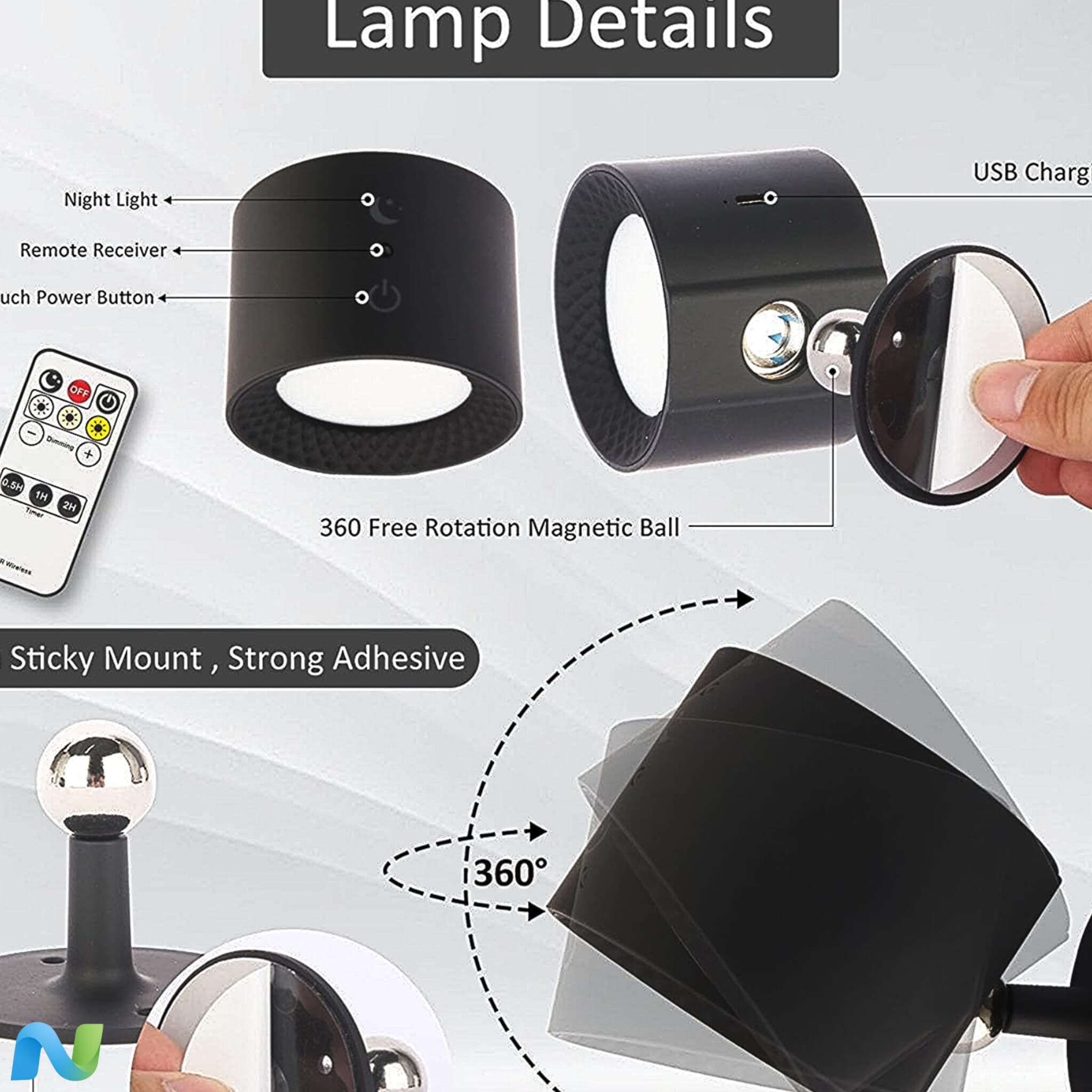 چراغ دیواری LED شارژی دو عددی با چرخش 360 درجه — تصویر ۵