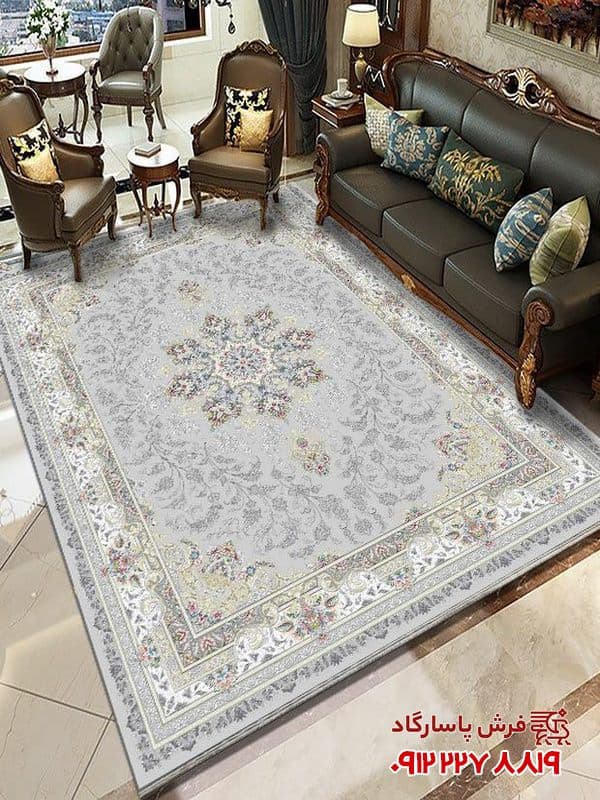 فرش ماشینی 700 شانه نقره ای طرح طلاکوب کد 729
