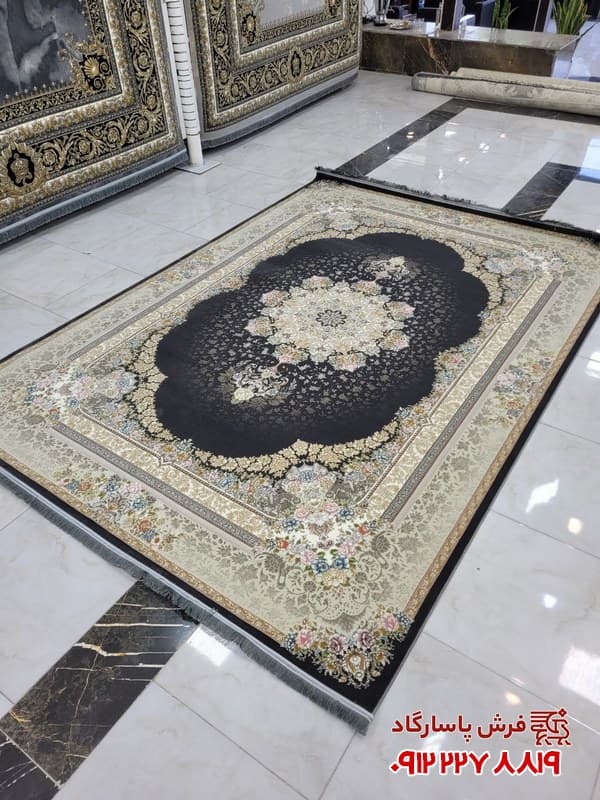 طرح دیان فرش طوسی سرمه ای 700 شانه گل برجسته کاشان