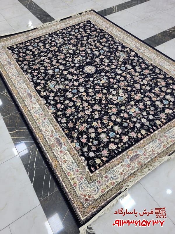 فرش افشان گل رنگی 1200 شانه طرح سعادت سرمه ای — تصویر ۳