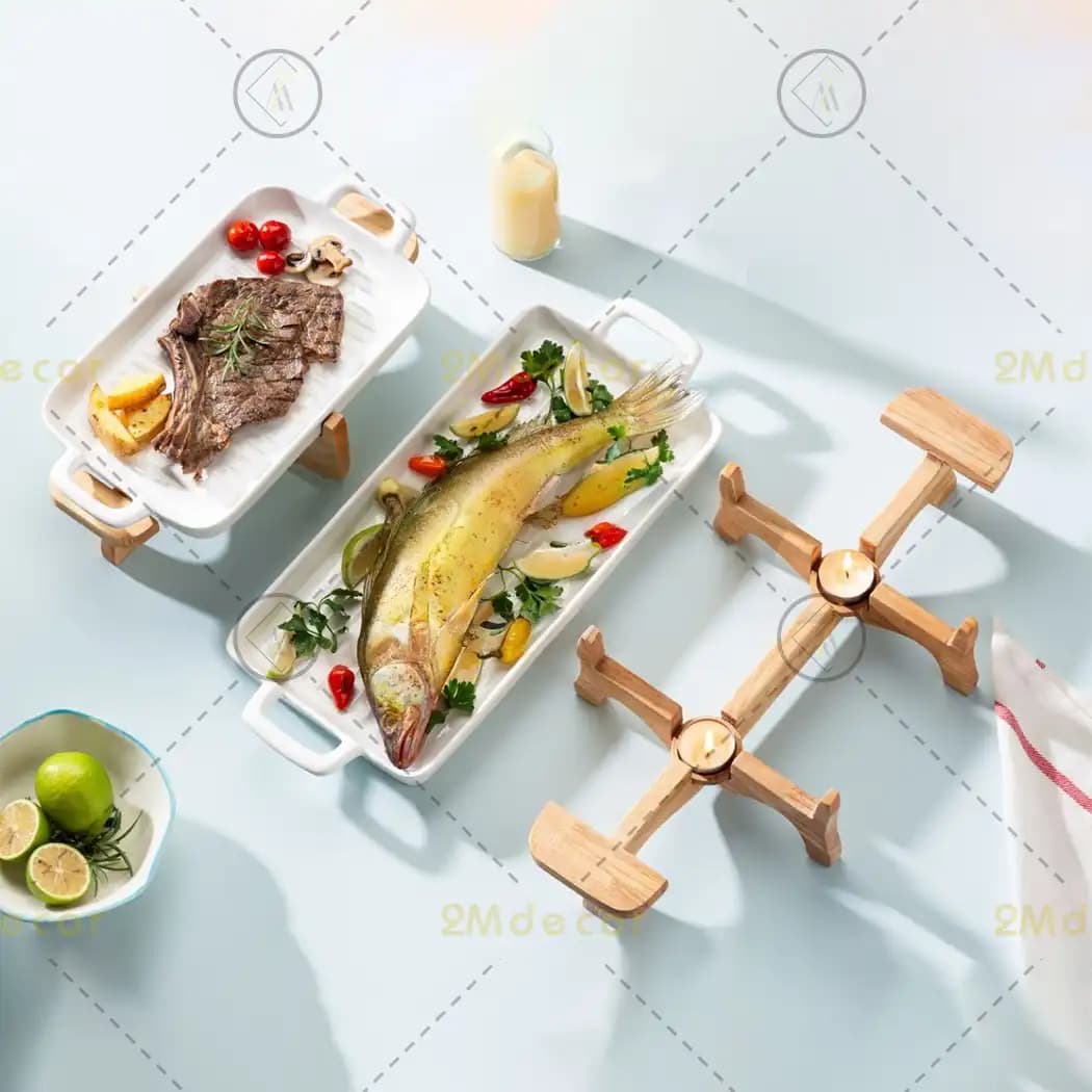 سینی کباب خوری چینی با پایه چوبی