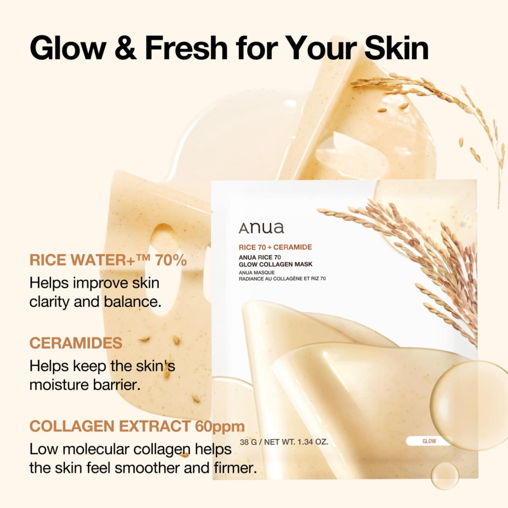پک ۴تایی ماسک ورقه ای برنج و کلاژن آنوا روشن کننده و جوان ساز Anua Rice Vo Glow Collagen Mask — تصویر ۴