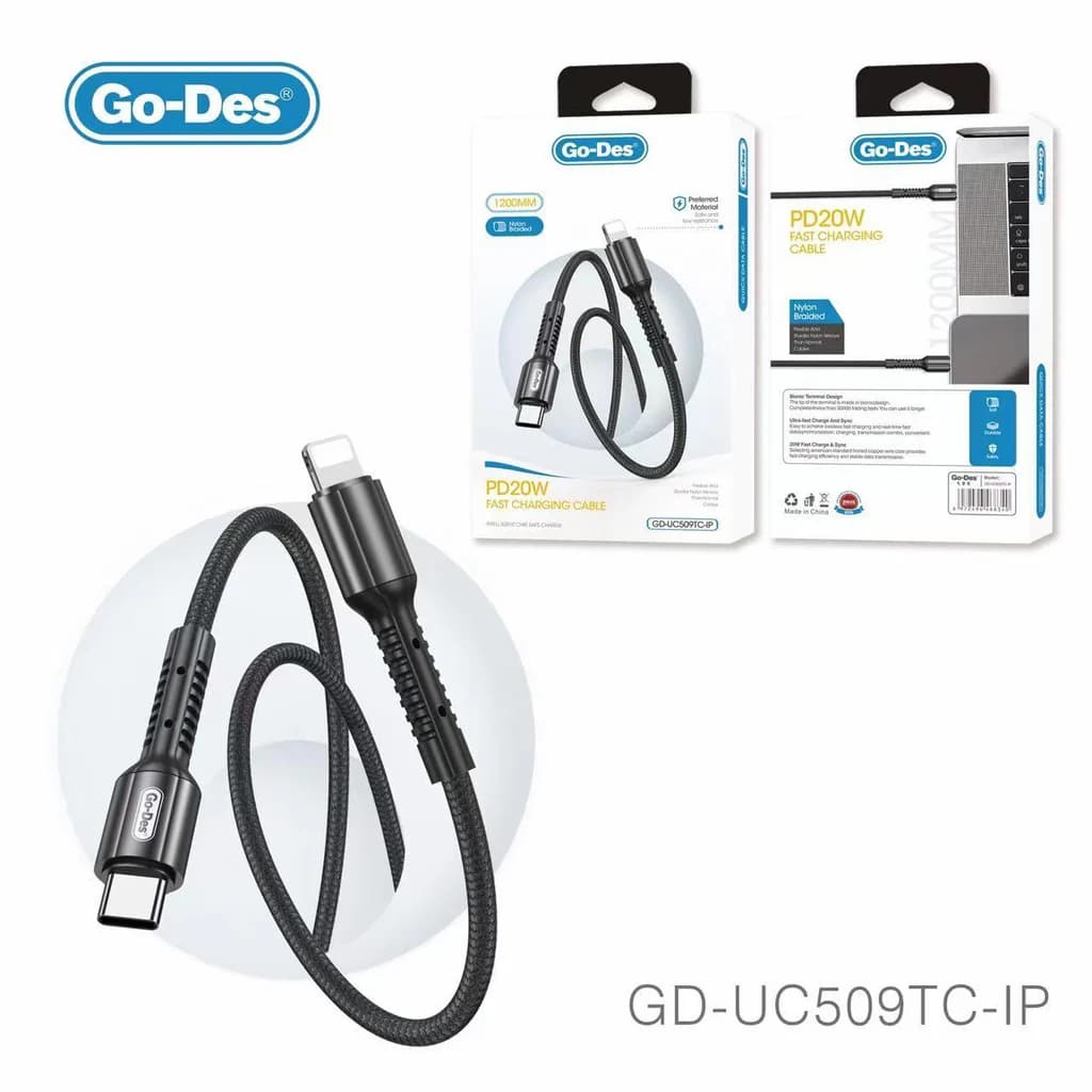 کابل شارژ سریع Type-C به Lightning Go-Des GD-UC509TC-IP کابل PD 20W نایلونی 1.2 متری