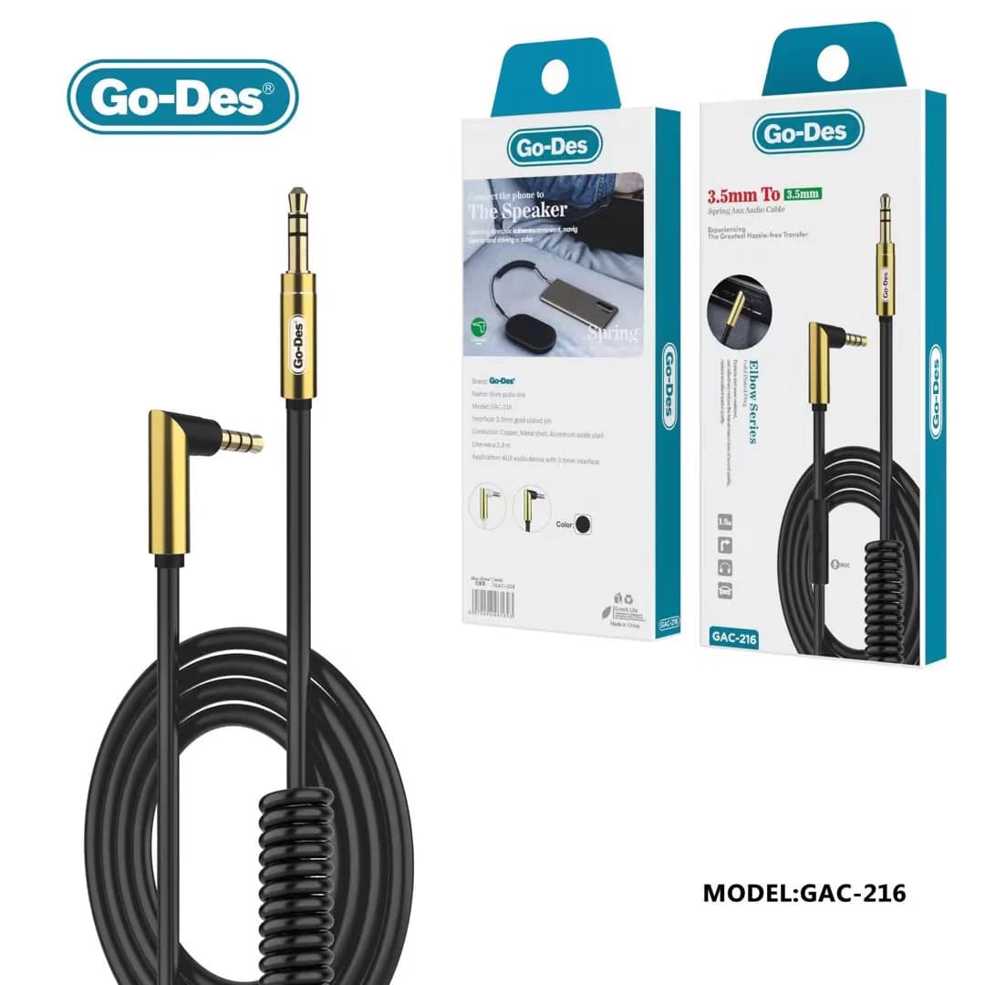 کابل AUX فنری 1.2 متری Go-Des GAC-216 با جک 90 درجه، میکروفون و کنترل صدا | مناسب ماشین، موبایل و هدفون — تصویر ۴