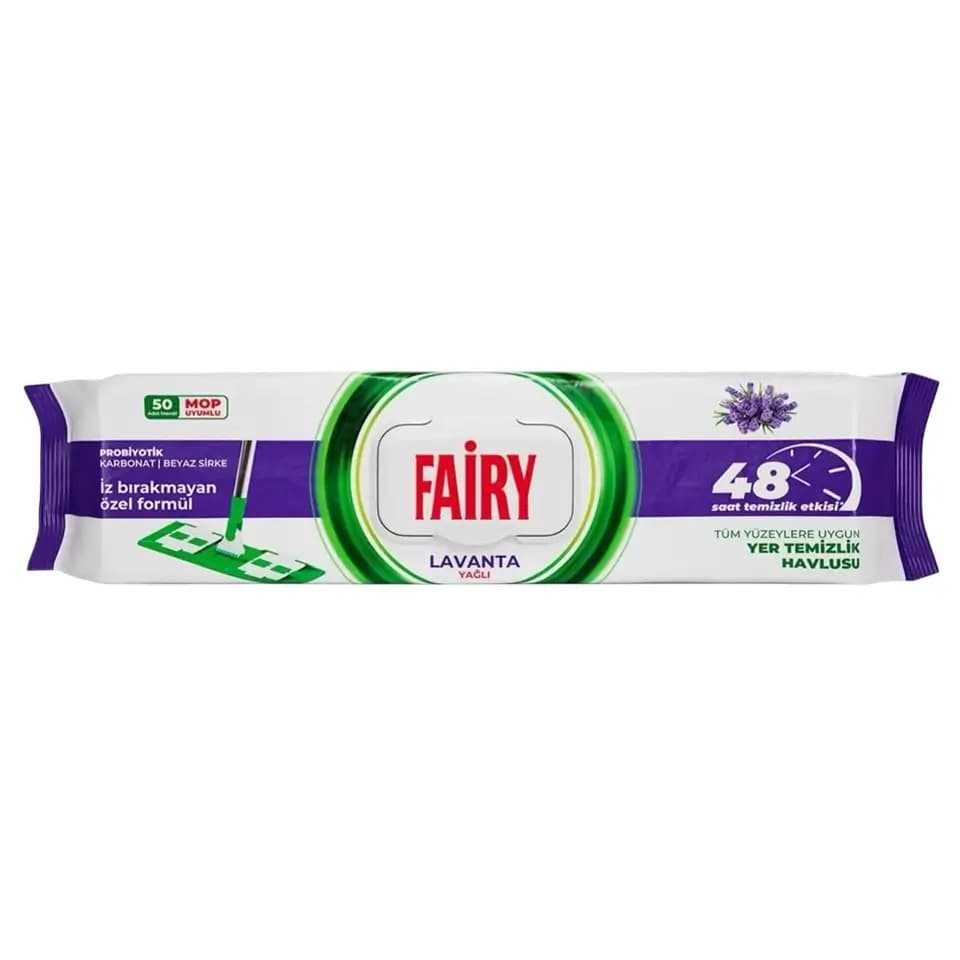 دستمال مرطوب تمیزکننده کف و سطوح فیری سایز سازگار با تی 4XL با رایحه اسطوخودوس 50 عددی FAIRY LAVANTA YAGLI — تصویر ۲