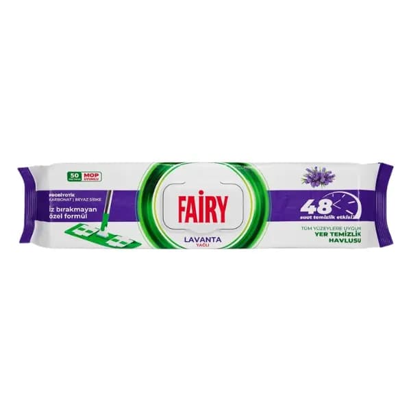 دستمال مرطوب تمیزکننده کف و سطوح فیری سایز سازگار با تی 4XL با رایحه اسطوخودوس 50 عددی FAIRY LAVANTA YAGLI — تصویر ۶