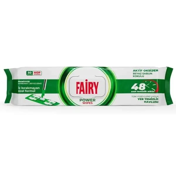 دستمال مرطوب تمیزکننده کف و سطوح فیری سایز سازگار با تی 4XL با رایحه پودری 50 عددی FAIRY Power Wipes