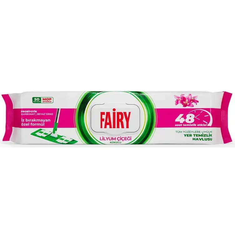 دستمال مرطوب تمیزکننده کف و سطوح فیری سایز سازگار با تی 4XL با رایحه لیلیوم 50 عددی Fairy Lilyum cicegi — تصویر ۲